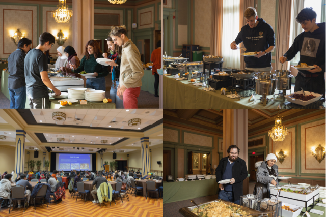 Collage of photos of pitt community members eating food from a buffet and sitting and eating together in ballroom